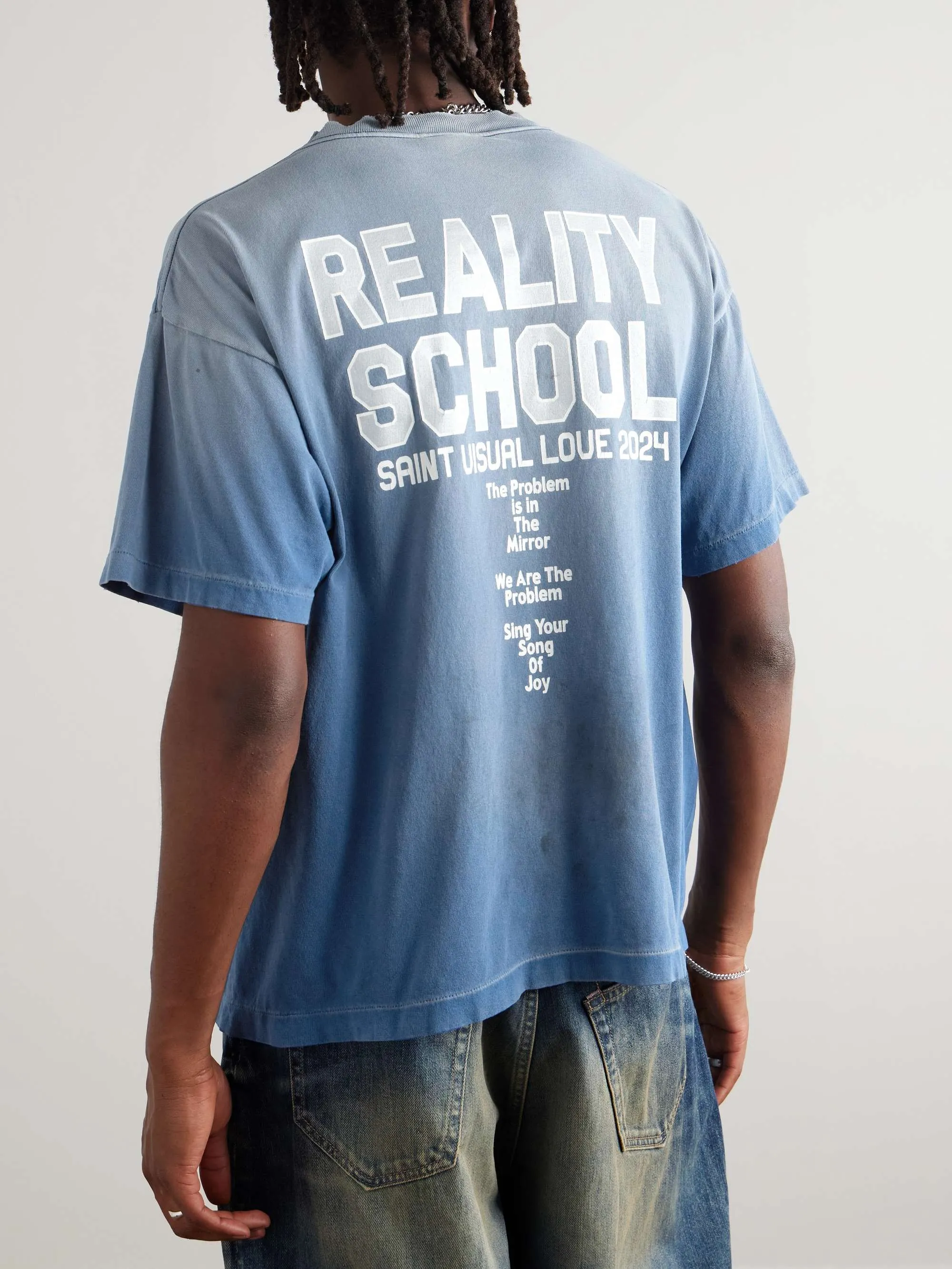 SAINT Mxxxxxx REALITY SCHOOL SS_TEE/NVY slogan distressed short-sleeves, washed blue S-XL, garment dyeing, horse fade, ultra-complex shearing and destruction treatment, correct version, cylindrical fabric, customized original consistent main mark/wash mark, original consistent silver powder printing, distressed treatment